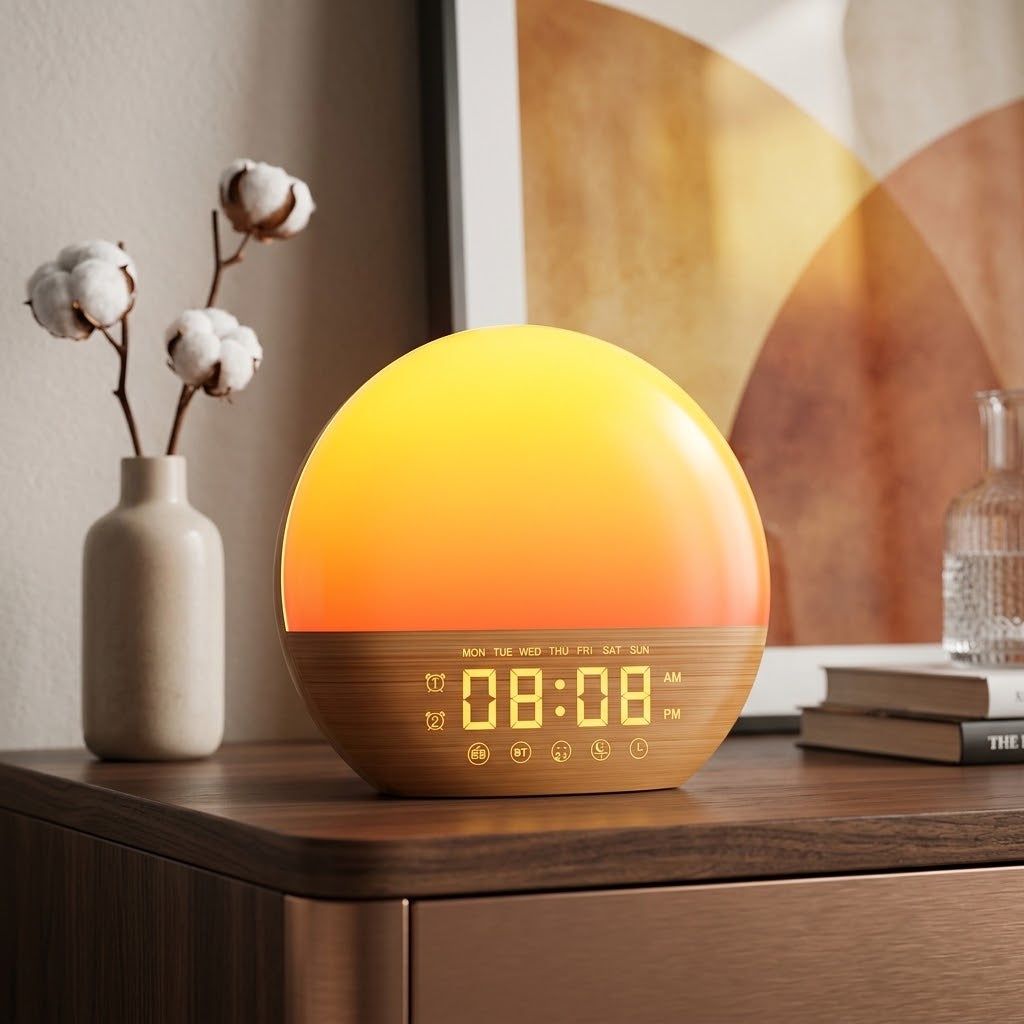 Leoma Sunrise Alarm Clock glowing warm orange on a wooden bedside table