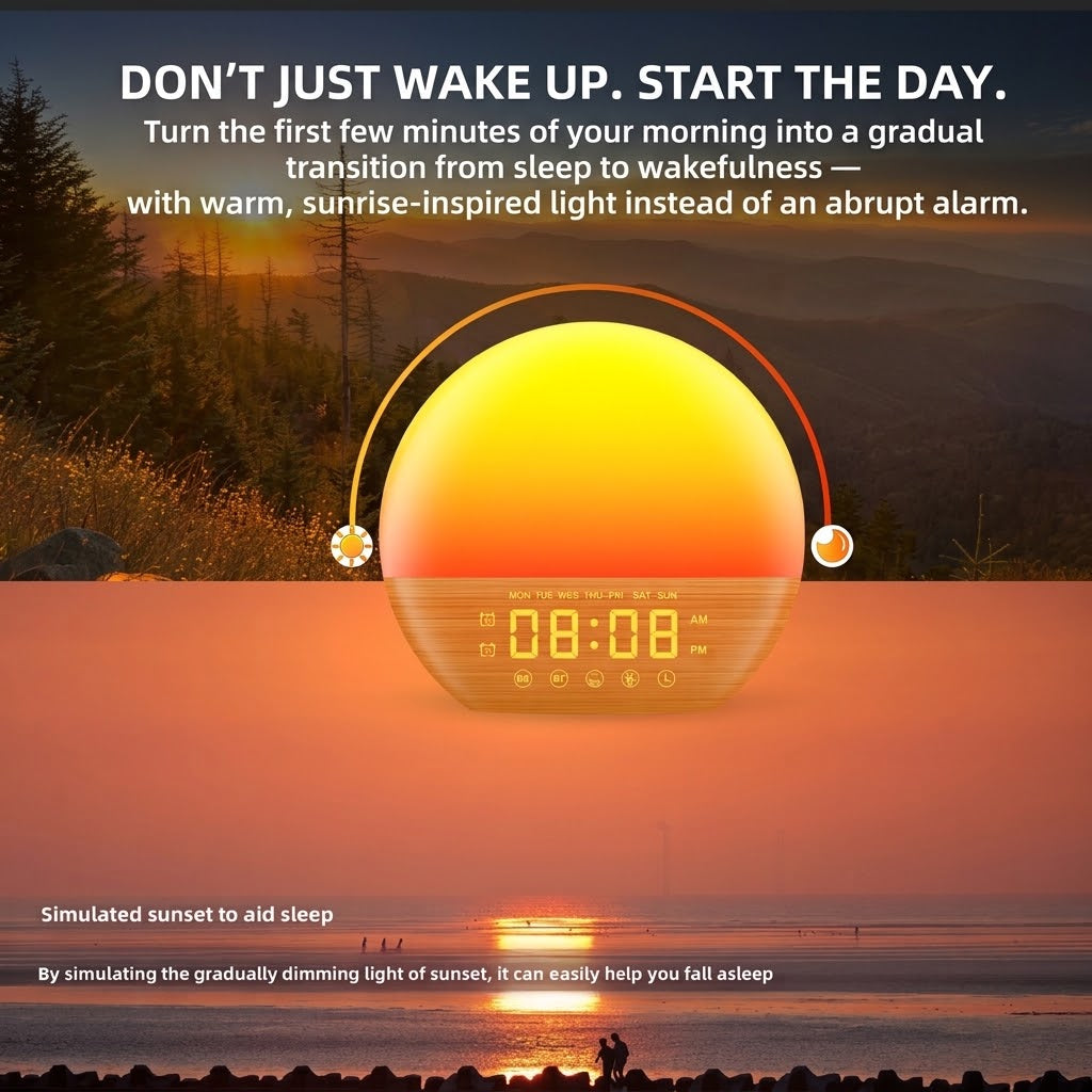 Sunrise and sunset light modes on the Leoma Sunrise Alarm Clock