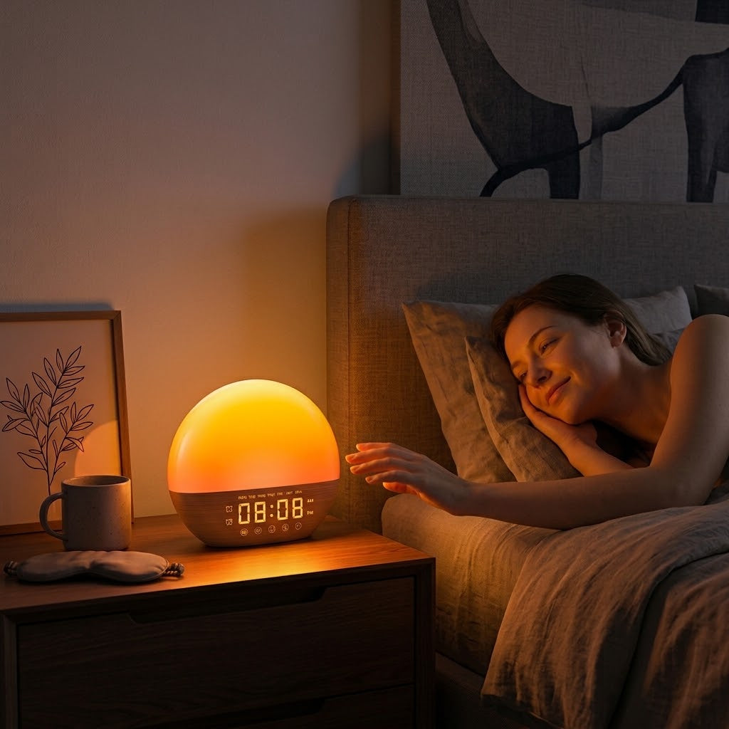 Woman waking gently beside the glowing Leoma Sunrise Alarm Clock